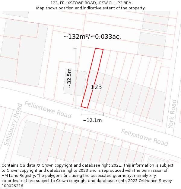 123, FELIXSTOWE ROAD, IPSWICH, IP3 8EA: Plot and title map
