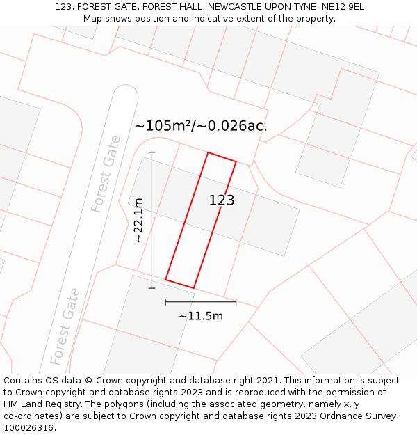 123, FOREST GATE, FOREST HALL, NEWCASTLE UPON TYNE, NE12 9EL: Plot and title map