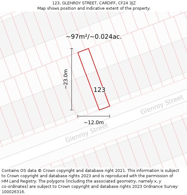 123, GLENROY STREET, CARDIFF, CF24 3JZ: Plot and title map
