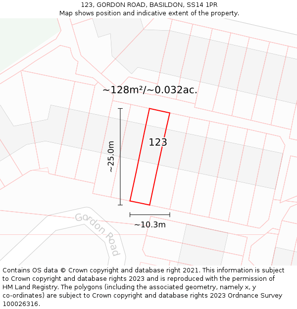 123, GORDON ROAD, BASILDON, SS14 1PR: Plot and title map