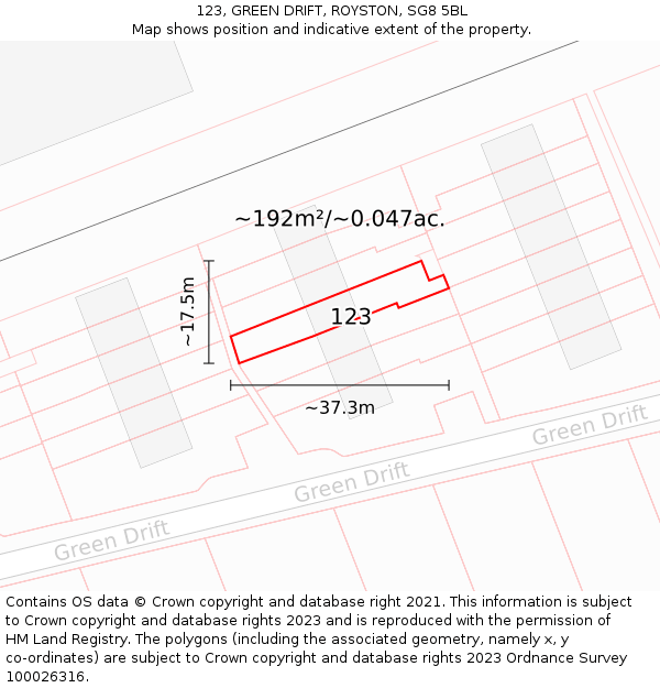 123, GREEN DRIFT, ROYSTON, SG8 5BL: Plot and title map