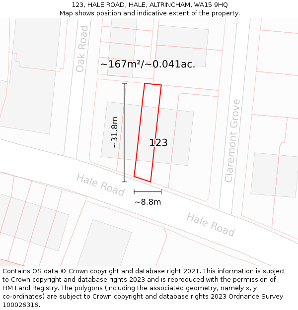 123, HALE ROAD, HALE, ALTRINCHAM, WA15 9HQ: Plot and title map