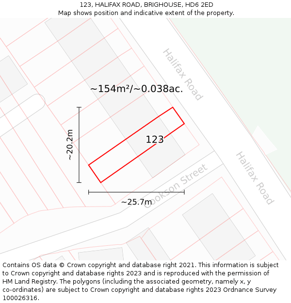 123, HALIFAX ROAD, BRIGHOUSE, HD6 2ED: Plot and title map