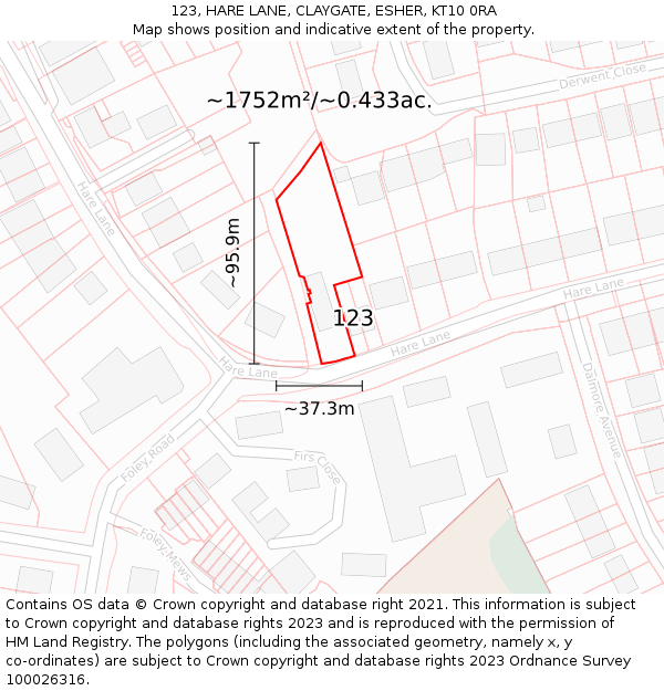 123, HARE LANE, CLAYGATE, ESHER, KT10 0RA: Plot and title map