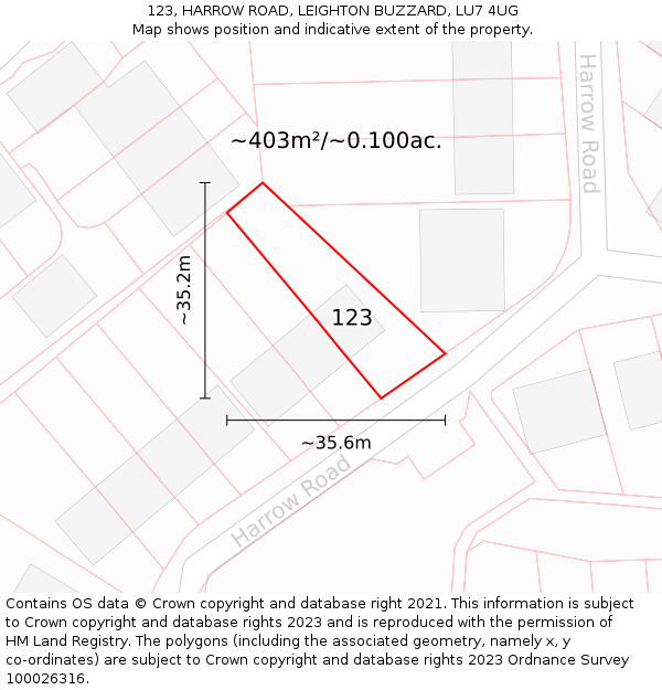 123, HARROW ROAD, LEIGHTON BUZZARD, LU7 4UG: Plot and title map