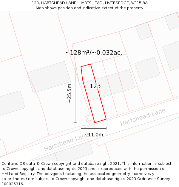 123, HARTSHEAD LANE, HARTSHEAD, LIVERSEDGE, WF15 8AJ: Plot and title map