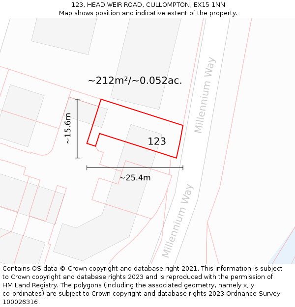123, HEAD WEIR ROAD, CULLOMPTON, EX15 1NN: Plot and title map