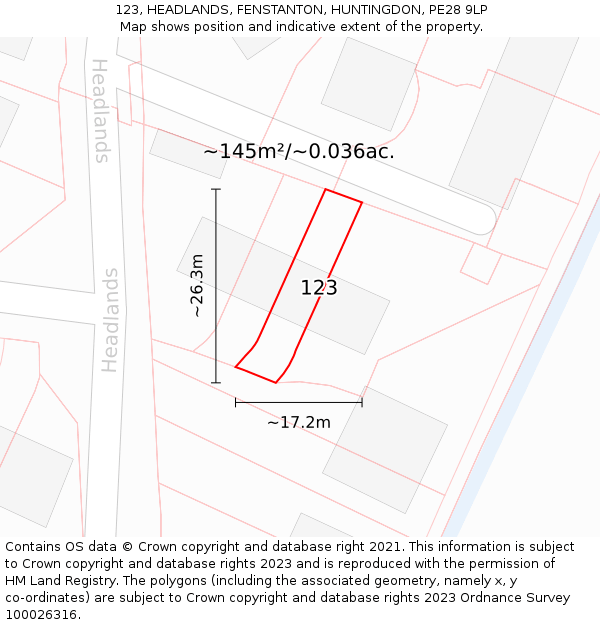 123, HEADLANDS, FENSTANTON, HUNTINGDON, PE28 9LP: Plot and title map