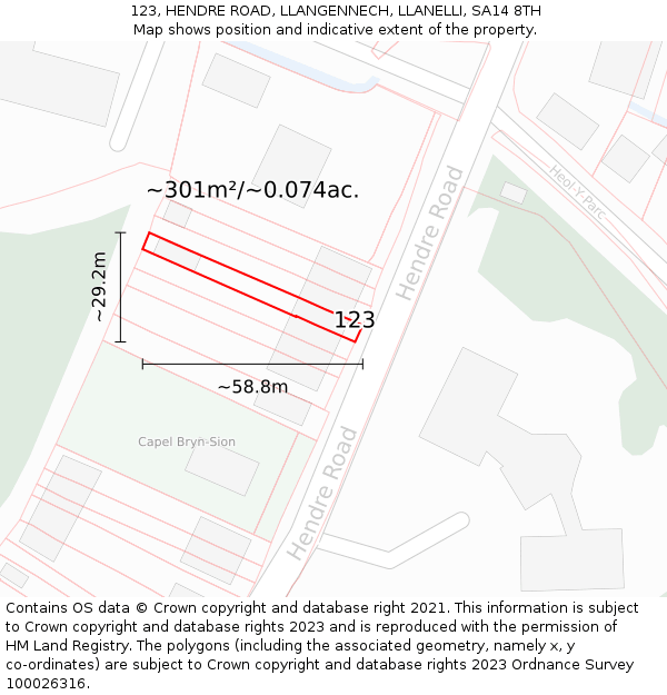 123, HENDRE ROAD, LLANGENNECH, LLANELLI, SA14 8TH: Plot and title map
