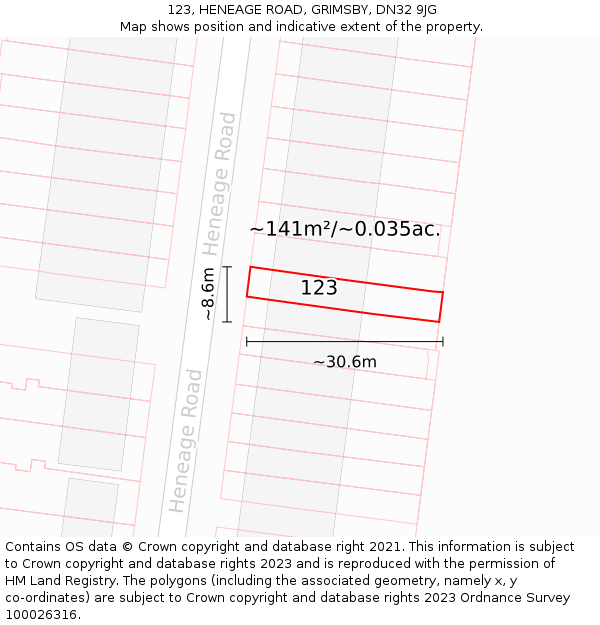 123, HENEAGE ROAD, GRIMSBY, DN32 9JG: Plot and title map