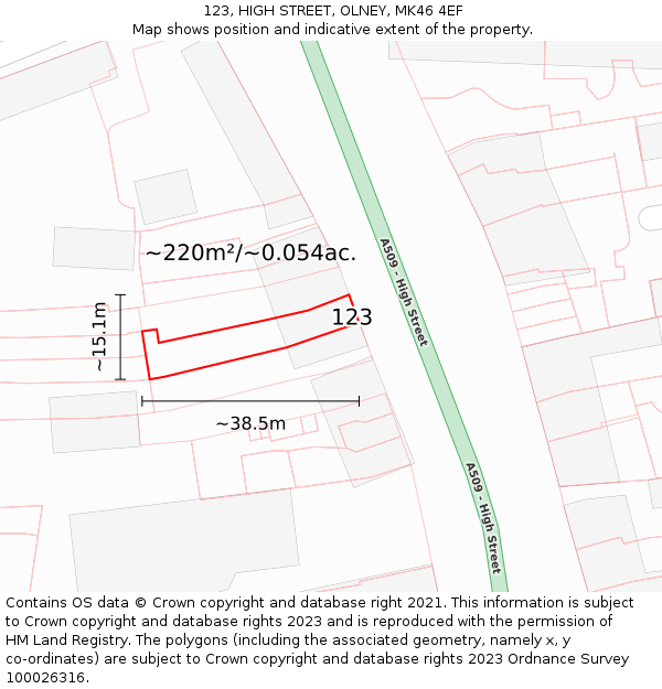 123, HIGH STREET, OLNEY, MK46 4EF: Plot and title map