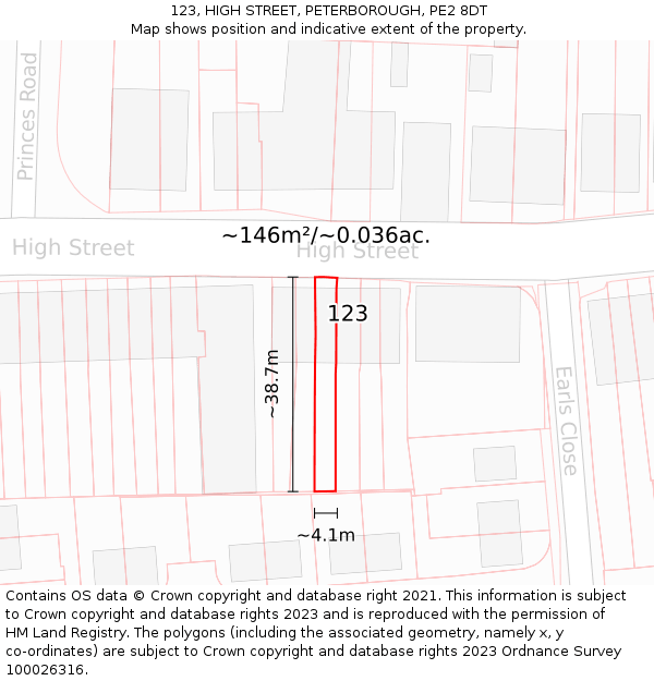 123, HIGH STREET, PETERBOROUGH, PE2 8DT: Plot and title map