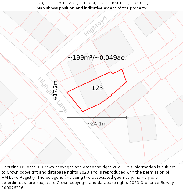 123, HIGHGATE LANE, LEPTON, HUDDERSFIELD, HD8 0HQ: Plot and title map