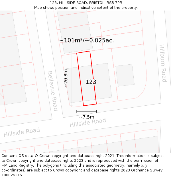 123, HILLSIDE ROAD, BRISTOL, BS5 7PB: Plot and title map