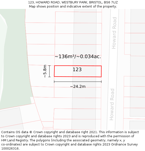 123, HOWARD ROAD, WESTBURY PARK, BRISTOL, BS6 7UZ: Plot and title map