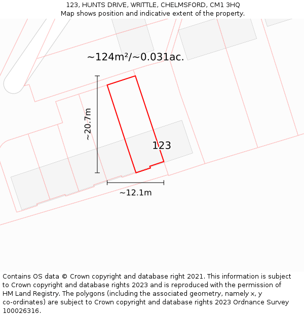 123, HUNTS DRIVE, WRITTLE, CHELMSFORD, CM1 3HQ: Plot and title map