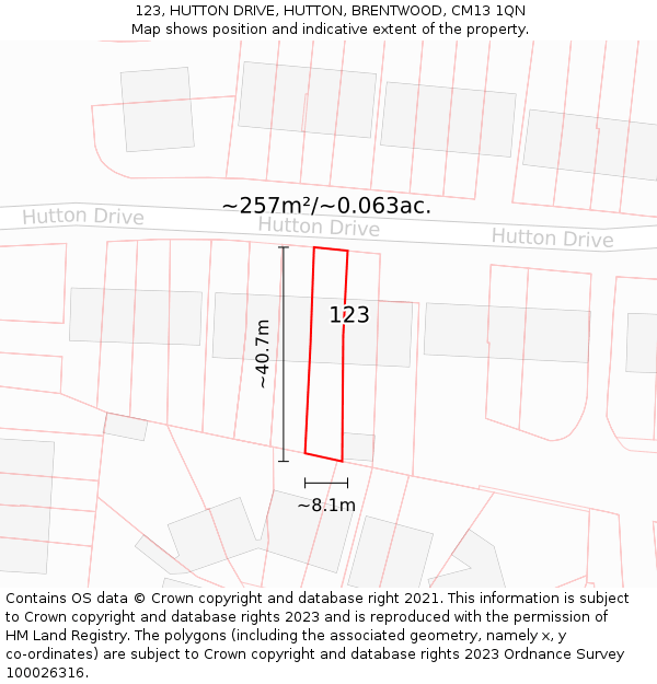 123, HUTTON DRIVE, HUTTON, BRENTWOOD, CM13 1QN: Plot and title map