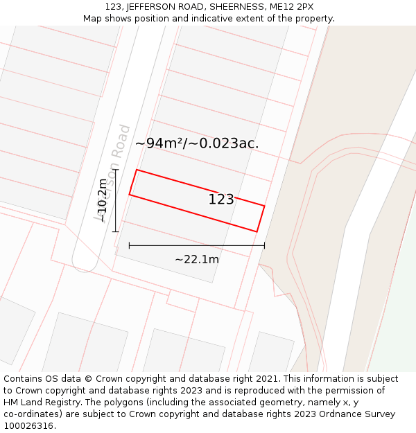 123, JEFFERSON ROAD, SHEERNESS, ME12 2PX: Plot and title map