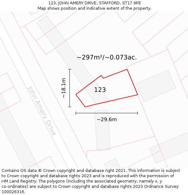 123, JOHN AMERY DRIVE, STAFFORD, ST17 9PE: Plot and title map