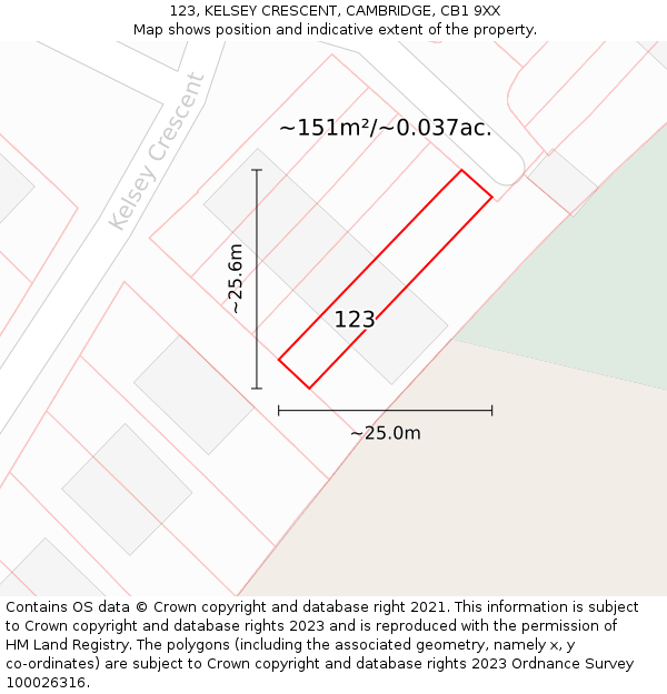 123, KELSEY CRESCENT, CAMBRIDGE, CB1 9XX: Plot and title map