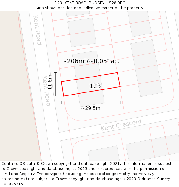 123, KENT ROAD, PUDSEY, LS28 9EG: Plot and title map