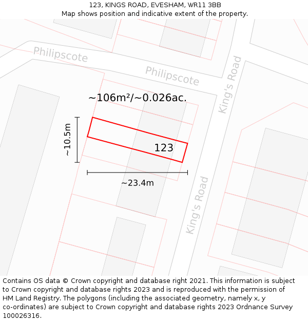 123, KINGS ROAD, EVESHAM, WR11 3BB: Plot and title map