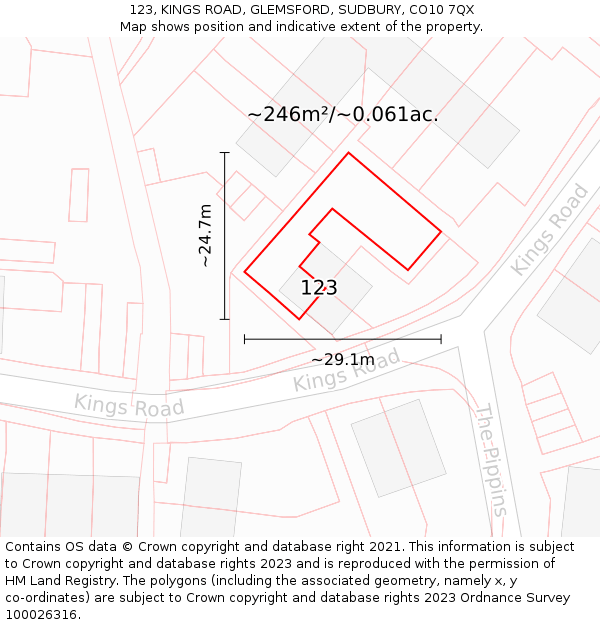 123, KINGS ROAD, GLEMSFORD, SUDBURY, CO10 7QX: Plot and title map