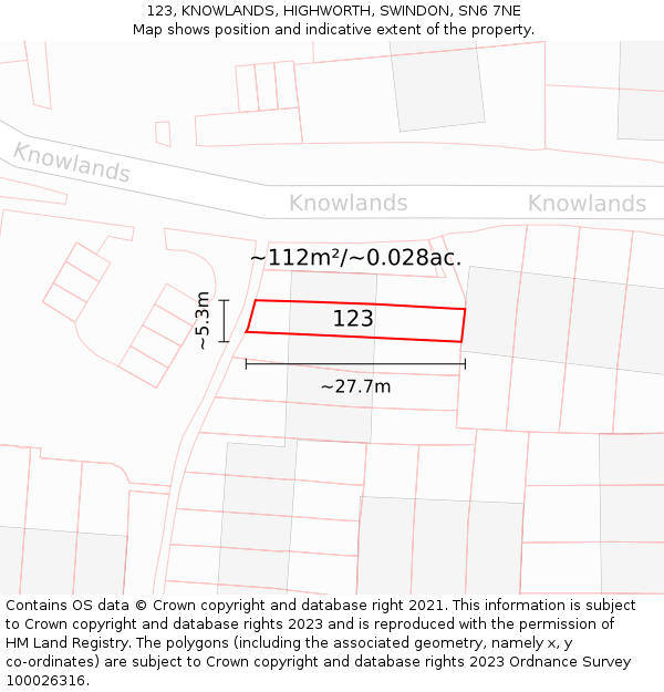 123, KNOWLANDS, HIGHWORTH, SWINDON, SN6 7NE: Plot and title map