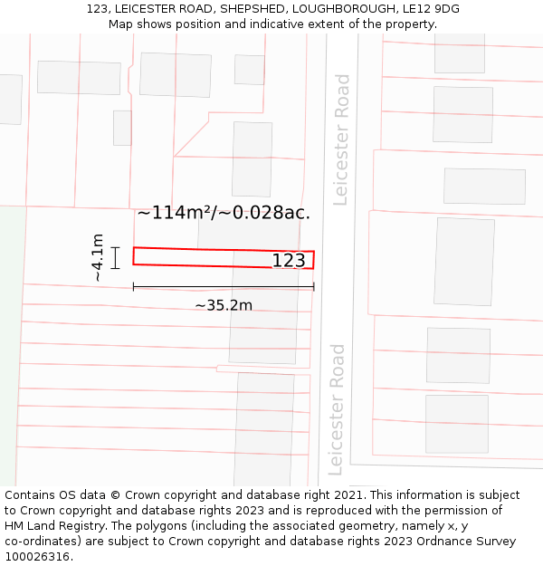 123, LEICESTER ROAD, SHEPSHED, LOUGHBOROUGH, LE12 9DG: Plot and title map