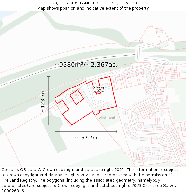 123, LILLANDS LANE, BRIGHOUSE, HD6 3BR: Plot and title map