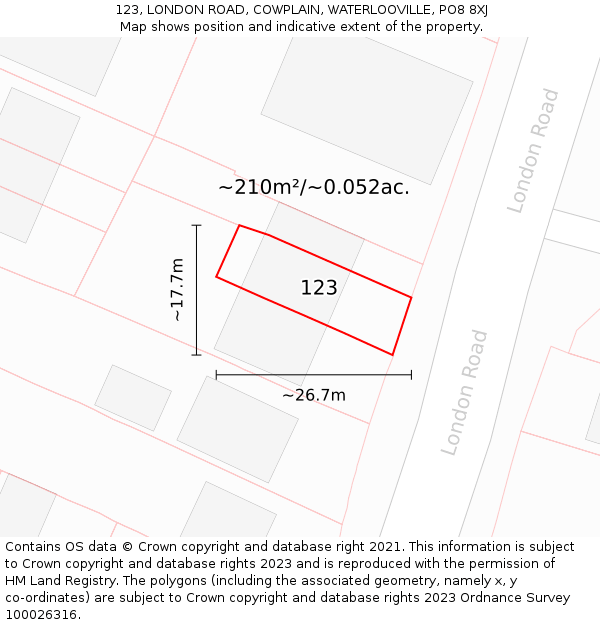 123, LONDON ROAD, COWPLAIN, WATERLOOVILLE, PO8 8XJ: Plot and title map