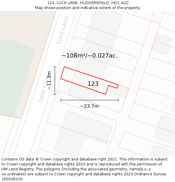 123, LUCK LANE, HUDDERSFIELD, HD1 4QZ: Plot and title map