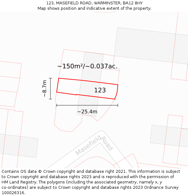 123, MASEFIELD ROAD, WARMINSTER, BA12 8HY: Plot and title map