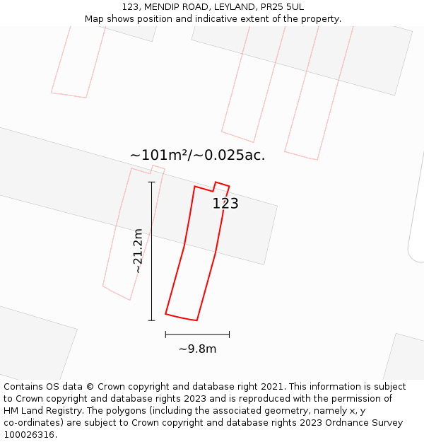 123, MENDIP ROAD, LEYLAND, PR25 5UL: Plot and title map
