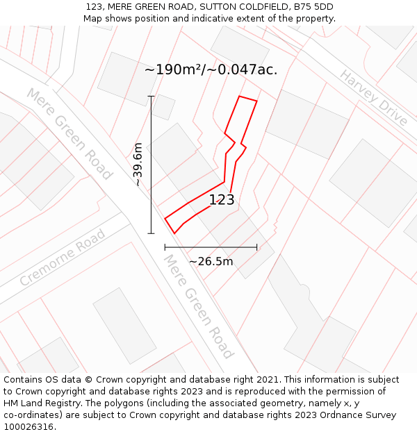 123, MERE GREEN ROAD, SUTTON COLDFIELD, B75 5DD: Plot and title map