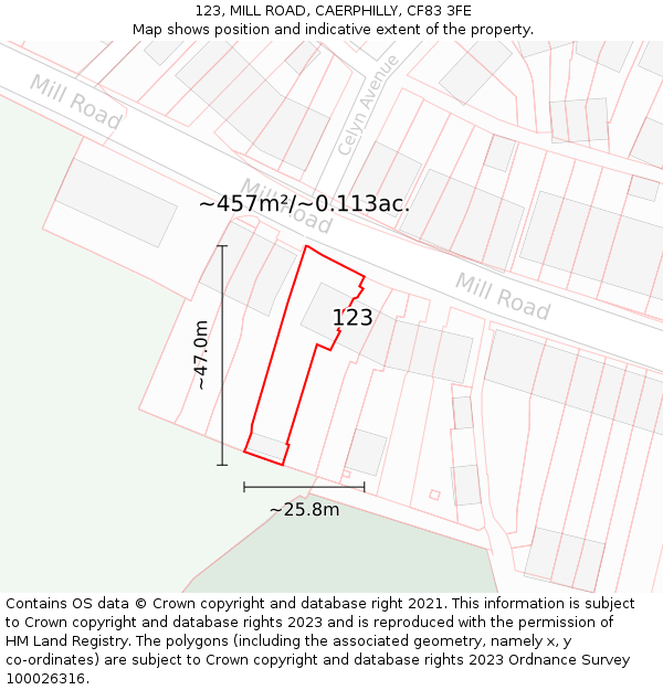 123, MILL ROAD, CAERPHILLY, CF83 3FE: Plot and title map