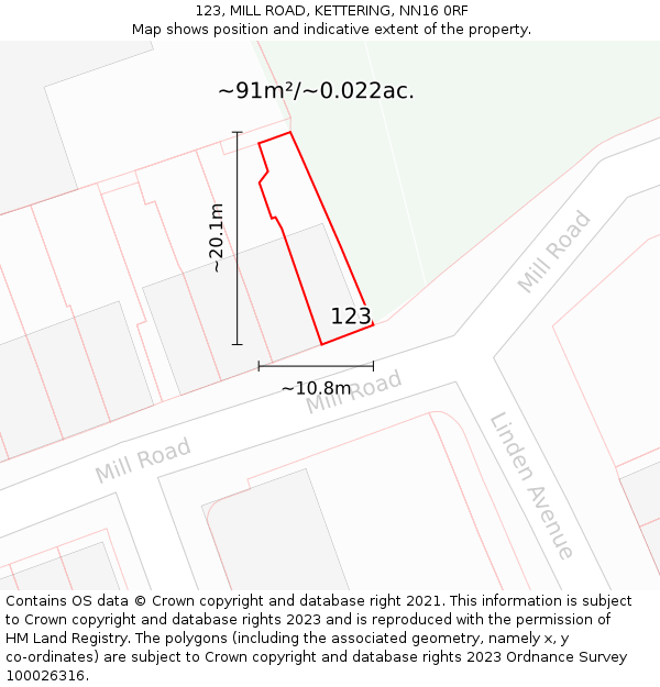 123, MILL ROAD, KETTERING, NN16 0RF: Plot and title map