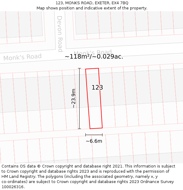 123, MONKS ROAD, EXETER, EX4 7BQ: Plot and title map