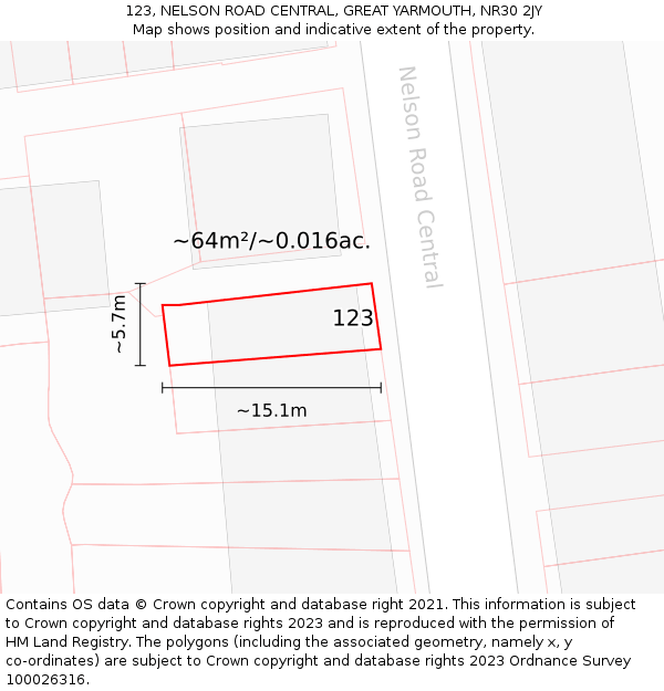 123, NELSON ROAD CENTRAL, GREAT YARMOUTH, NR30 2JY: Plot and title map