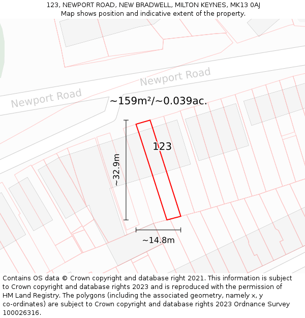 123, NEWPORT ROAD, NEW BRADWELL, MILTON KEYNES, MK13 0AJ: Plot and title map