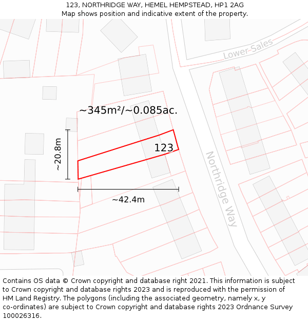 123, NORTHRIDGE WAY, HEMEL HEMPSTEAD, HP1 2AG: Plot and title map
