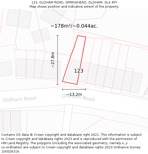123, OLDHAM ROAD, SPRINGHEAD, OLDHAM, OL4 4PY: Plot and title map