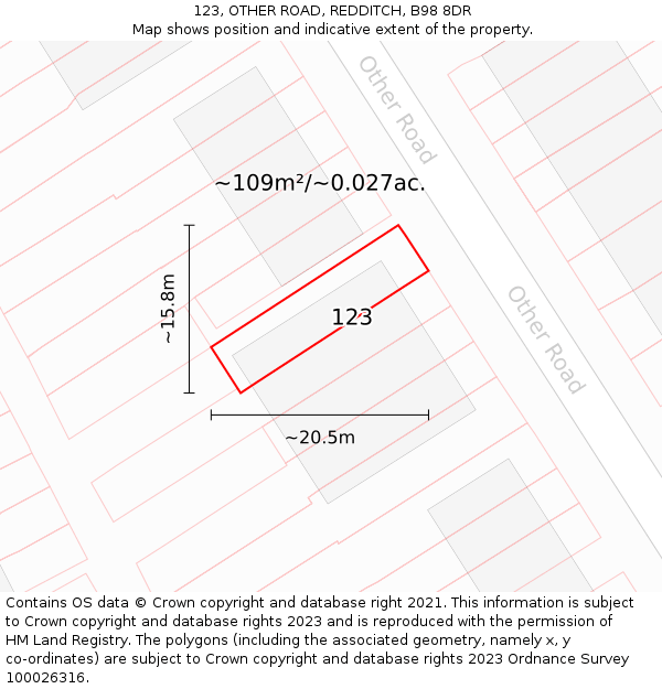 123, OTHER ROAD, REDDITCH, B98 8DR: Plot and title map
