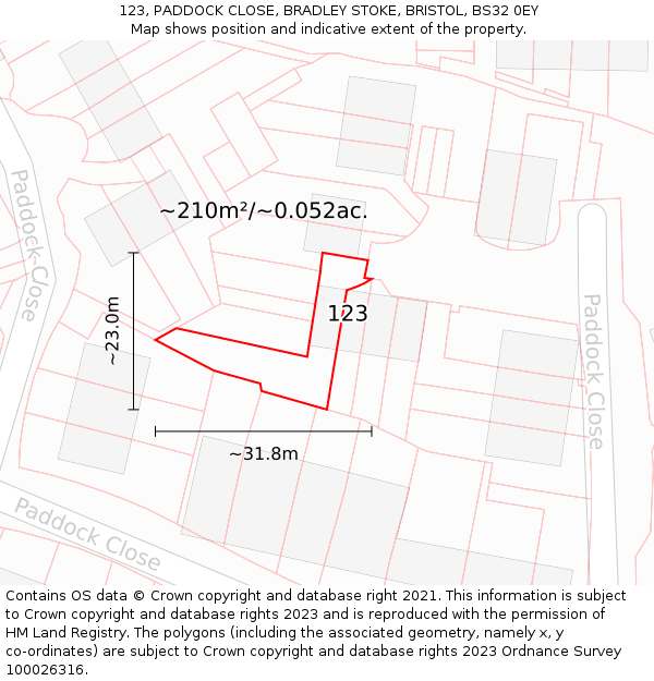 123, PADDOCK CLOSE, BRADLEY STOKE, BRISTOL, BS32 0EY: Plot and title map