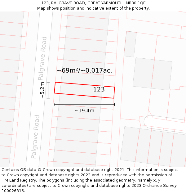 123, PALGRAVE ROAD, GREAT YARMOUTH, NR30 1QE: Plot and title map