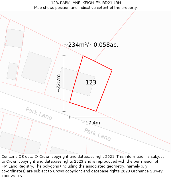 123, PARK LANE, KEIGHLEY, BD21 4RH: Plot and title map