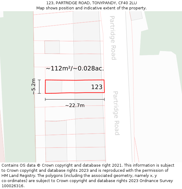 123, PARTRIDGE ROAD, TONYPANDY, CF40 2LU: Plot and title map