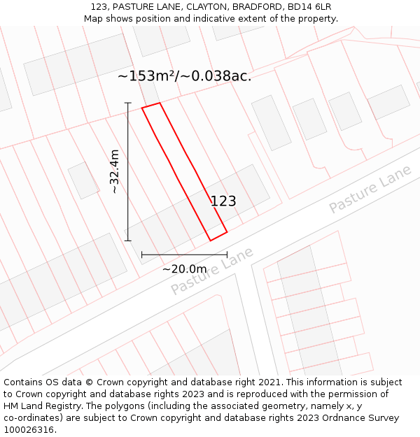 123, PASTURE LANE, CLAYTON, BRADFORD, BD14 6LR: Plot and title map
