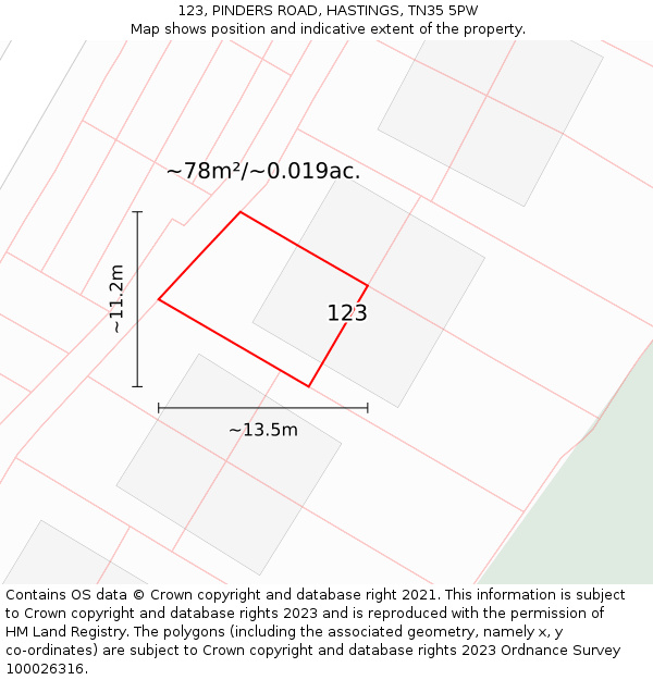 123, PINDERS ROAD, HASTINGS, TN35 5PW: Plot and title map