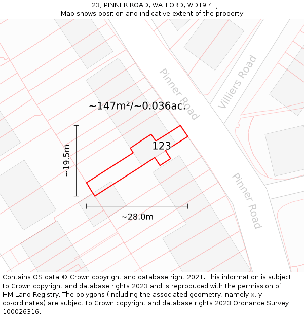 123, PINNER ROAD, WATFORD, WD19 4EJ: Plot and title map